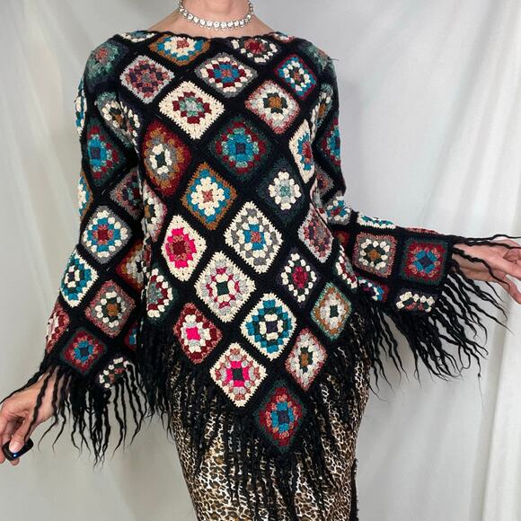 Sue Wong knit studio granny square crochet sweater fringe vintage Y2K wool L - Picture 14 of 14